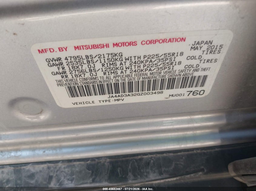 2016 Mitsubishi Outlander Se VIN: JA4AD3A32GZ003498 Lot: 45682467