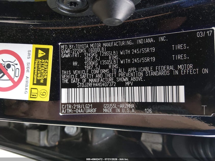 2017 Toyota Highlander Se VIN: 5TDJZRFH4HS407372 Lot: 45682472