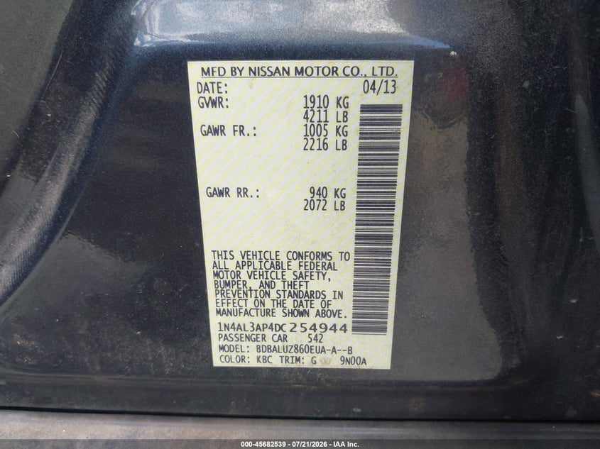 2013 Nissan Altima 2.5 Sv VIN: 1N4AL3AP4DC254944 Lot: 45682539