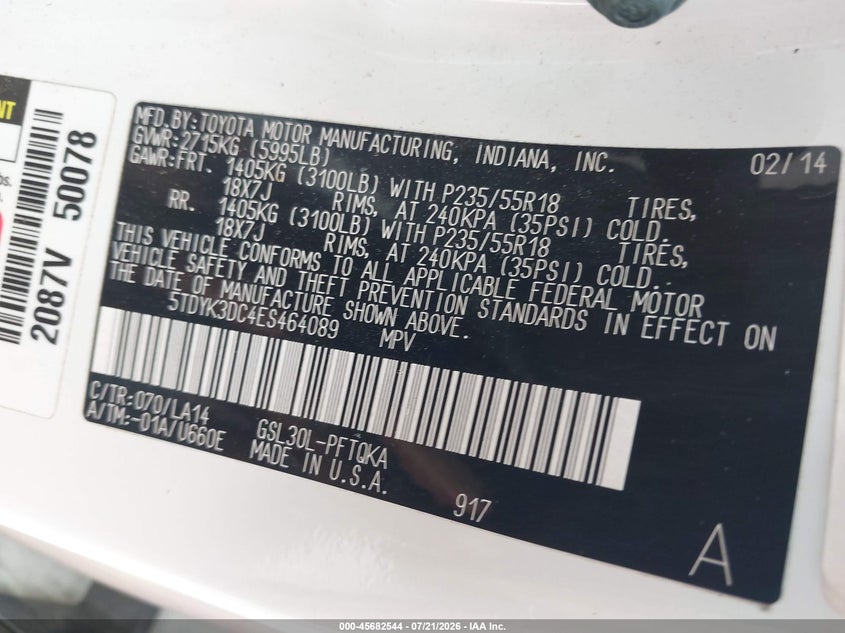 2014 Toyota Sienna Limited V6 7 Passenger VIN: 5TDYK3DC4ES464089 Lot: 45682544