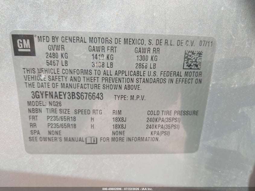 CADILLAC SRX 2011 VIN 3GYFNAEY3BS676643