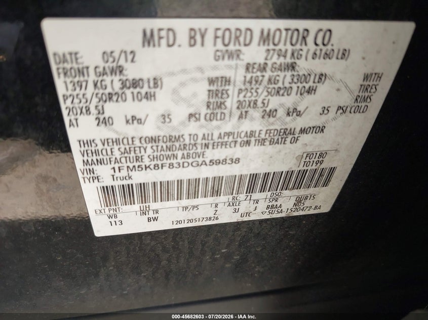 2013 Ford Explorer Limited VIN: 1FM5K8F83DGA59838 Lot: 45682603