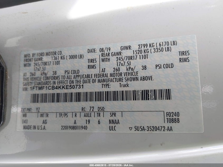 2019 Ford F-150 Xl VIN: 1FTMF1CB4KKE50731 Lot: 45682615