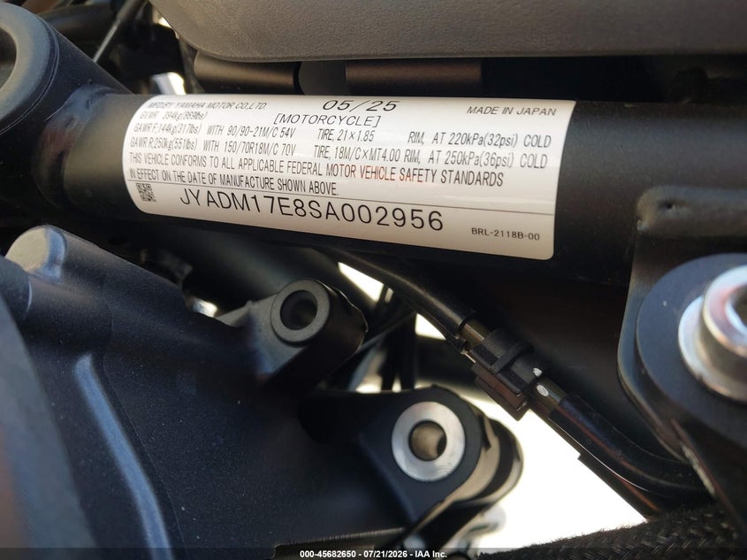 2025 Yamaha Xtz690 VIN: JYADM17E8SA002956 Lot: 45682650