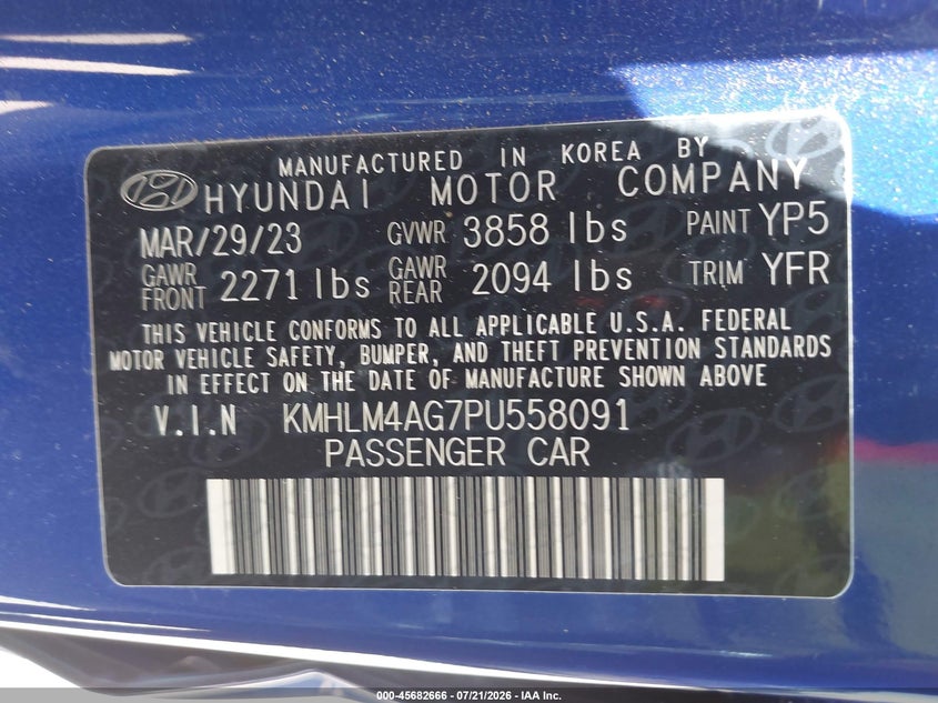 2023 Hyundai Elantra Sel VIN: KMHLM4AG7PU558091 Lot: 45682666