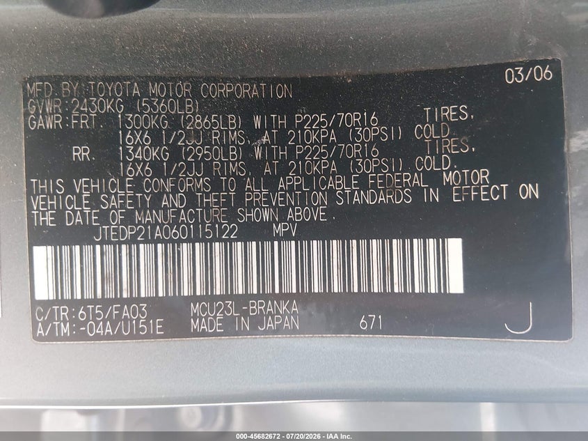 2006 Toyota Highlander V6 VIN: JTEDP21A060115122 Lot: 45682672