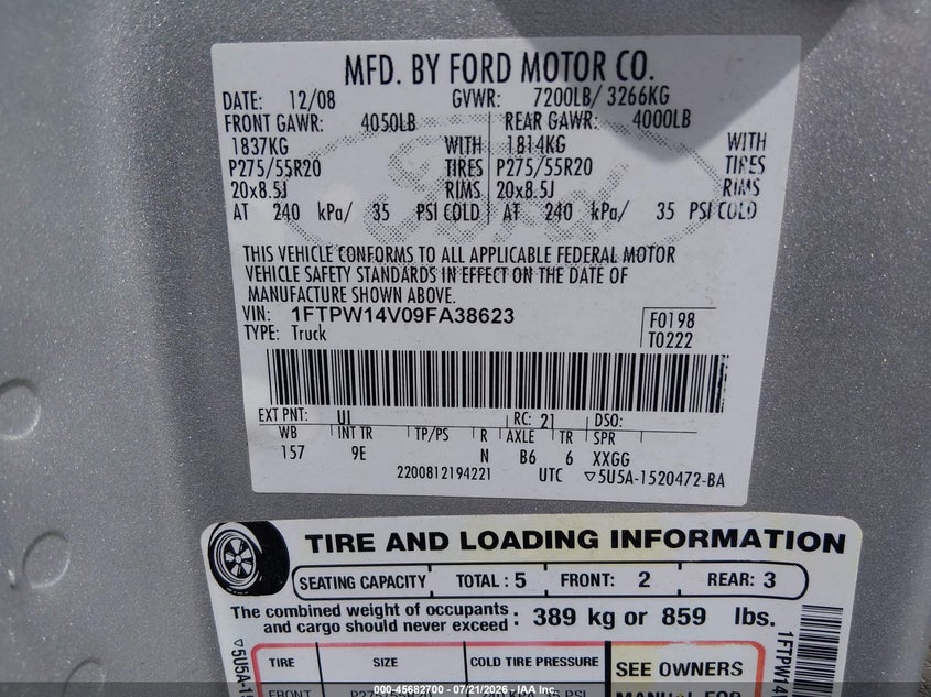 2009 Ford F-150 Fx4/King Ranch/Lariat/Platinum/Xl/Xlt VIN: 1FTPW14V09FA38623 Lot: 45682700