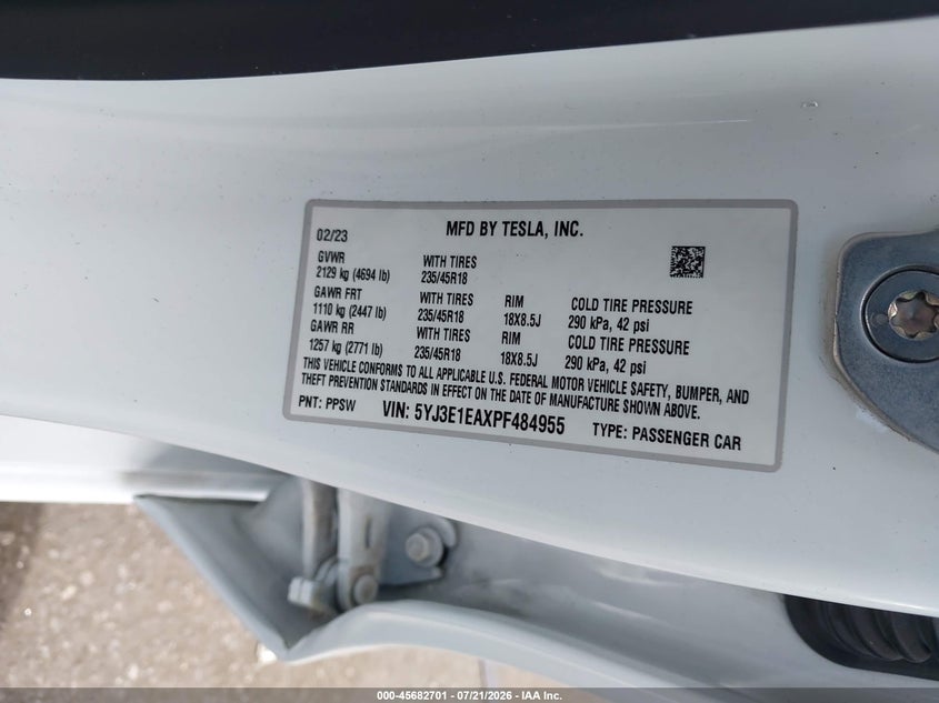 2023 Tesla Model 3 Rear-Wheel Drive VIN: 5YJ3E1EAXPF484955 Lot: 45682701