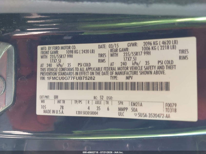 2015 Ford Escape Se VIN: 1FMCU0G77FUB75282 Lot: 45682718