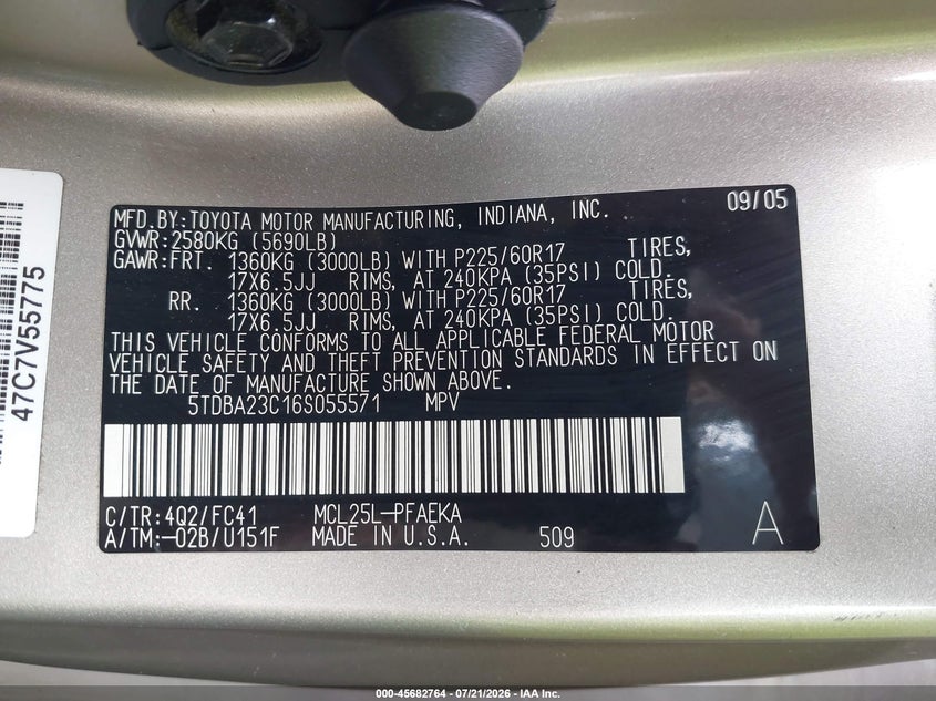 2006 Toyota Sienna Le VIN: 5TDBA23C16S055571 Lot: 45682764