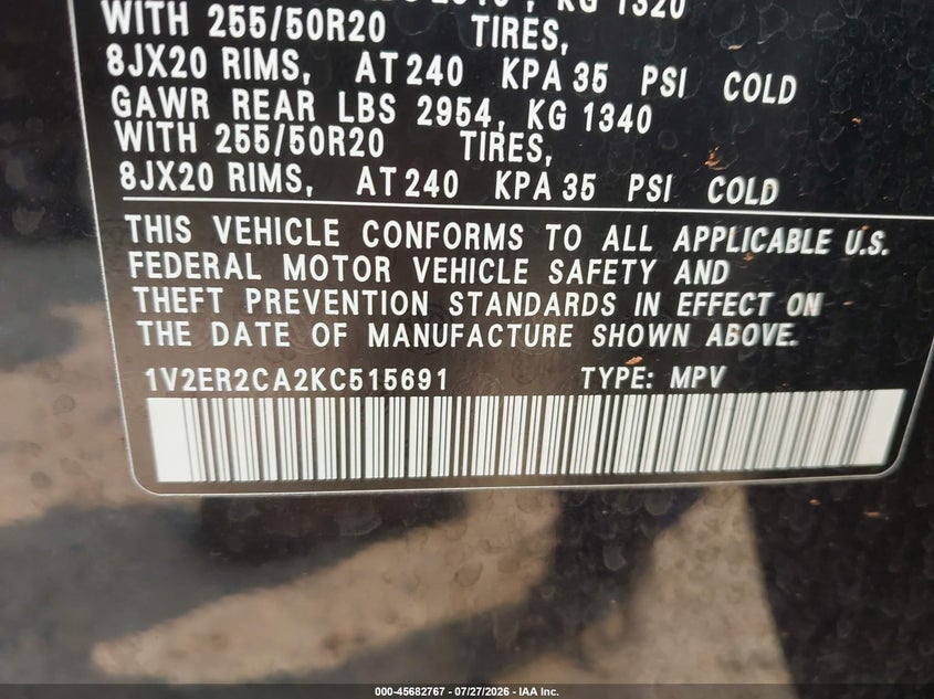 VOLKSWAGEN ATLAS 2019 VIN 1V2ER2CA2KC515691