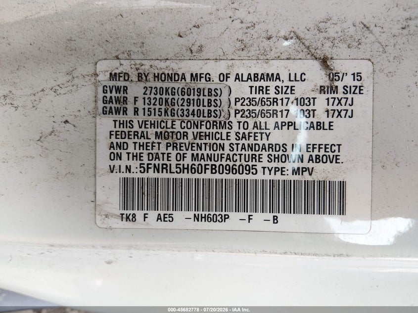 2015 Honda Odyssey Ex-L VIN: 5FNRL5H60FB096095 Lot: 45682778