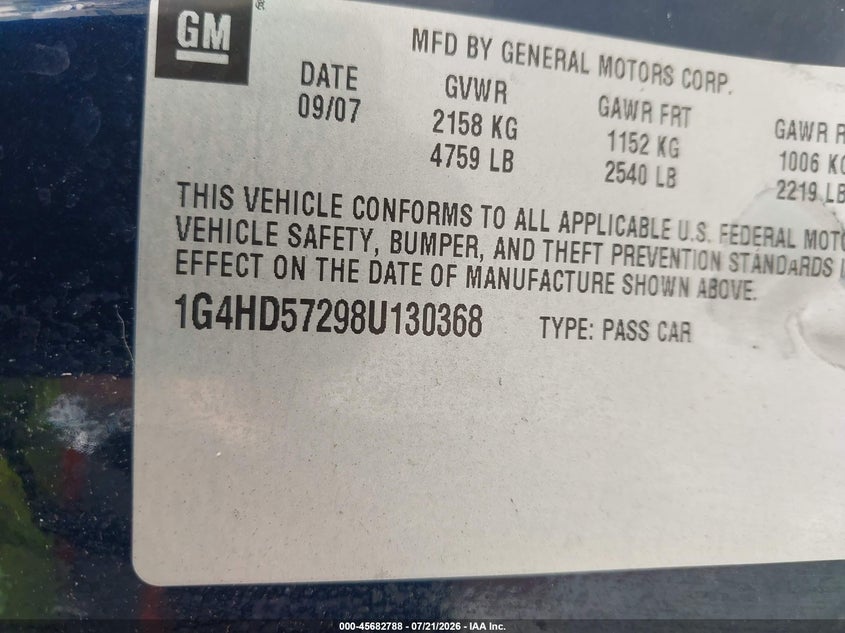 2008 Buick Lucerne Cxl VIN: 1G4HD57298U130368 Lot: 45682788