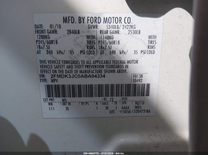 2010 Ford Edge Sel VIN: 2FMDK3JC0ABA94334 Lot: 45682791