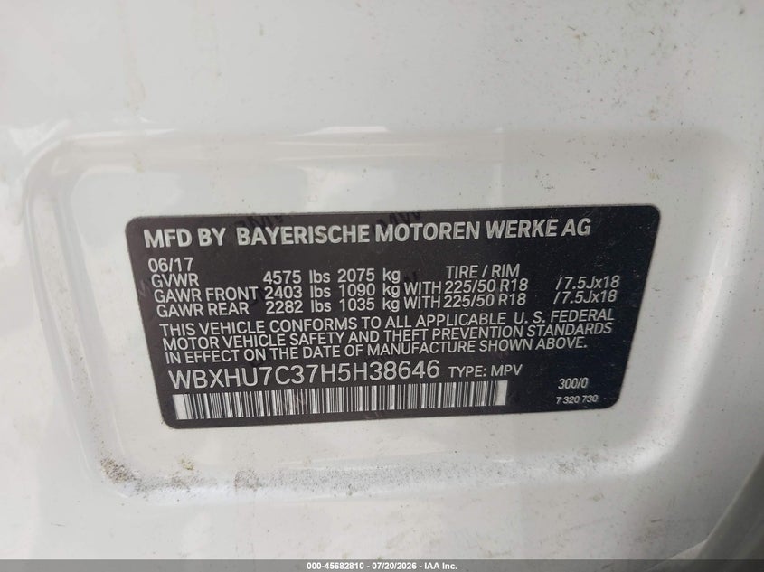 2017 BMW X1 Sdrive28I VIN: WBXHU7C37H5H38646 Lot: 45682810