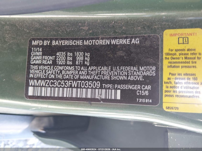 2015 Mini Countryman Cooper S VIN: WMWZC3C53FWT03509 Lot: 45682824