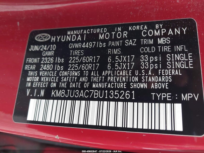 2011 Hyundai Tucson Gls VIN: KM8JU3AC7BU135261 Lot: 45682847