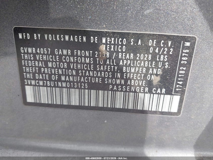 2022 Volkswagen Jetta 1.5T S VIN: 3VWCM7BU1NM013125 Lot: 45682859