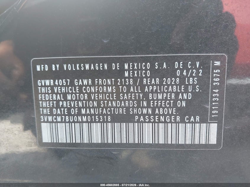 2022 Volkswagen Jetta 1.5T S VIN: 3VWCM7BU0NM015318 Lot: 45682885