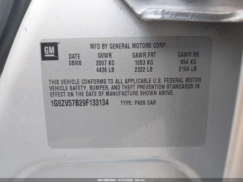 2009 Saturn Aura Xr VIN: 1G8ZV57B29F133134 Lot: 45682894
