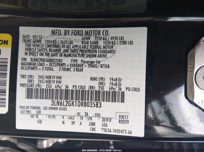 2013 Lincoln Mkz VIN: 3LN6L2GK1DR803583 Lot: 45682898