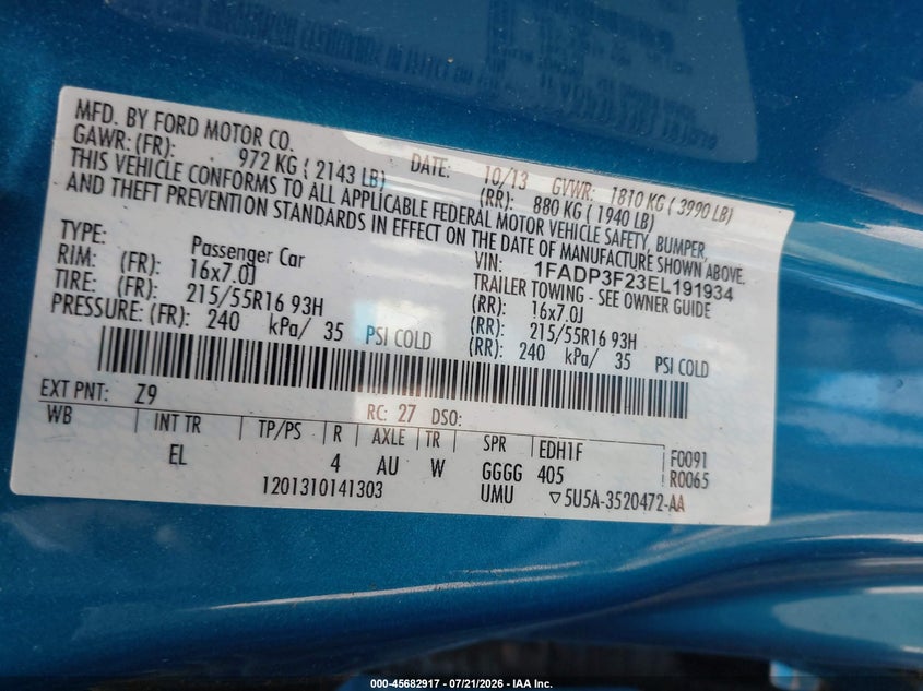2014 Ford Focus Se VIN: 1FADP3F23EL191934 Lot: 45682917