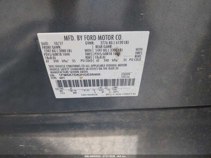 2017 Ford Explorer Xlt VIN: 1FM5K7D82HGE08460 Lot: 45682925