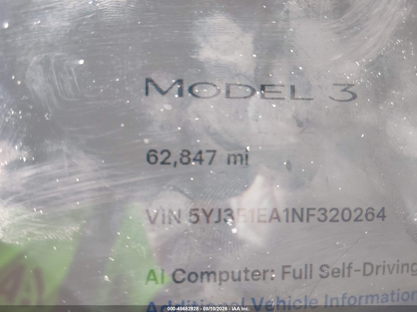 TESLA MODEL 3 2022 VIN 5YJ3E1EA1NF320264
