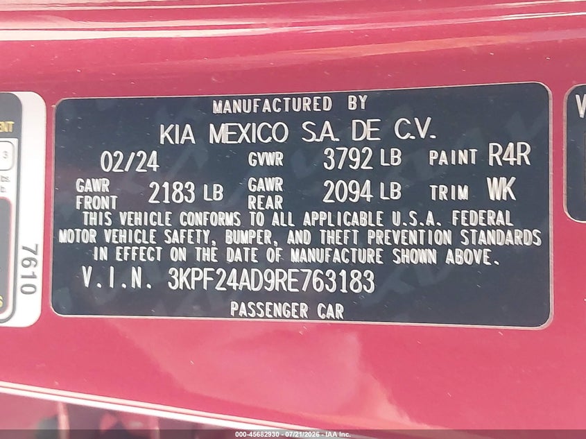 2024 Kia Forte Lxs VIN: 3KPF24AD9RE763183 Lot: 45682930