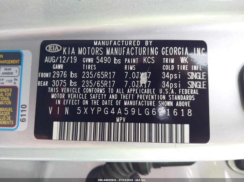 KIA SORENTO 2020 VIN 5XYPG4A59LG621618