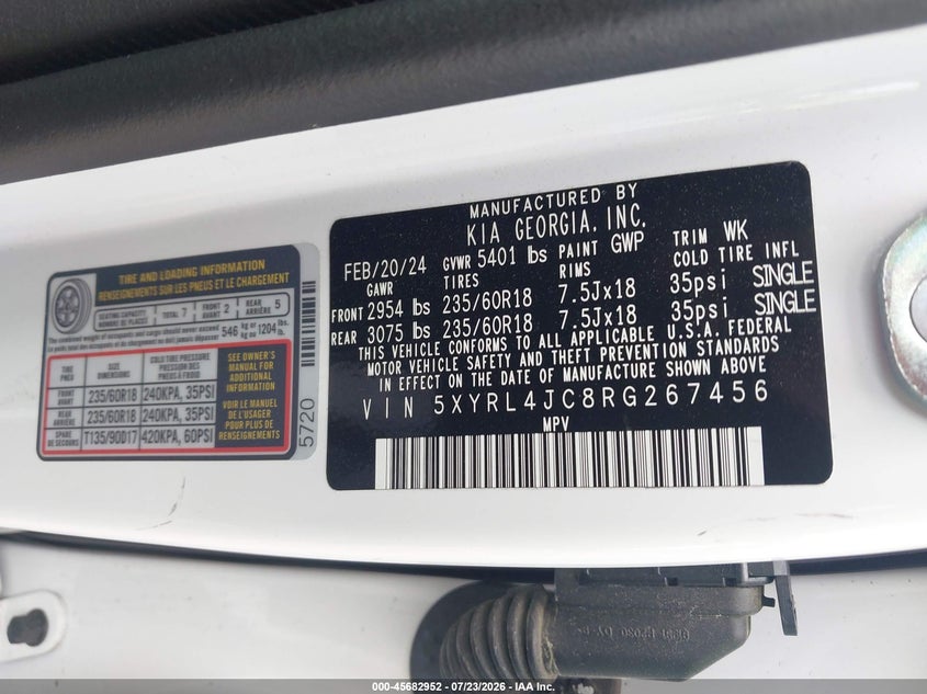 KIA SORENTO 2024 VIN 5XYRL4JC8RG267456