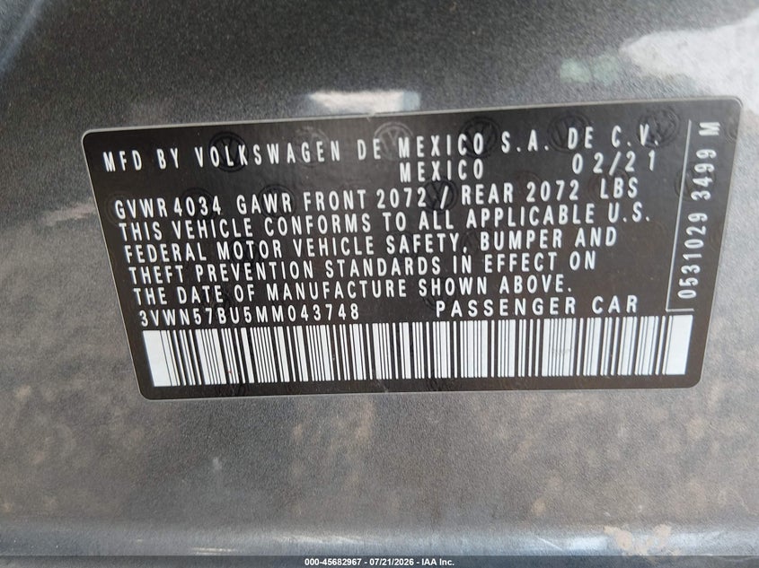 2021 Volkswagen Jetta 1.4T R-Line/1.4T S VIN: 3VWN57BU5MM043748 Lot: 45682967