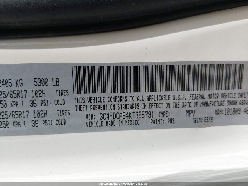 2019 Dodge Journey Se Value Package VIN: 3C4PDCAB4KT865791 Lot: 45682969