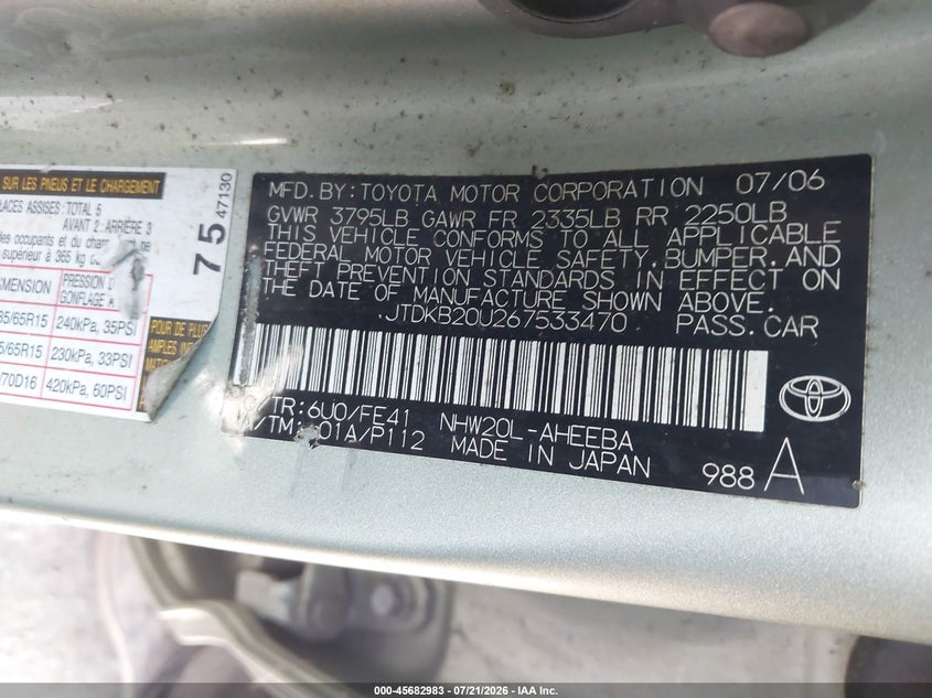 2006 Toyota Prius VIN: JTDKB20U267533470 Lot: 45682983