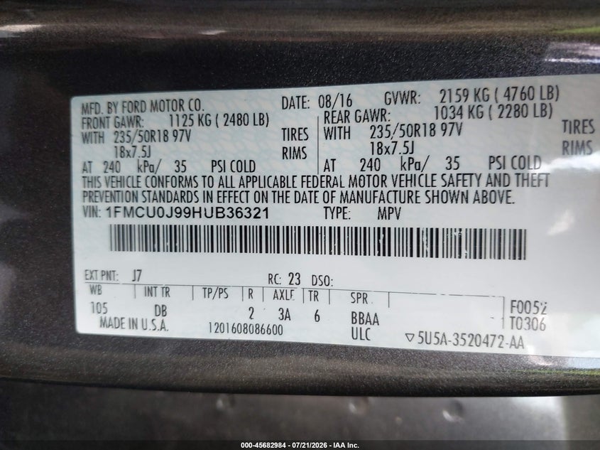 2017 Ford Escape Titanium VIN: 1FMCU0J99HUB36321 Lot: 45682984