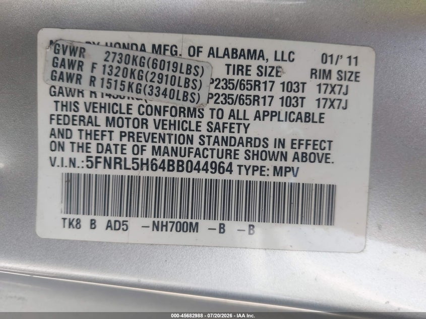 2011 Honda Odyssey Ex-L VIN: 5FNRL5H64BB044964 Lot: 45682988