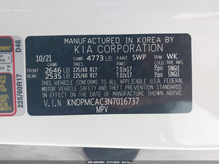 KIA SPORTAGE 2022 VIN KNDPMCAC3N7016737