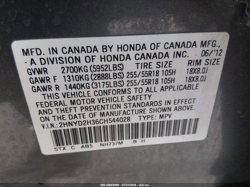 2012 Acura Mdx Technology Package VIN: 2HNYD2H36CH544028 Lot: 45682998