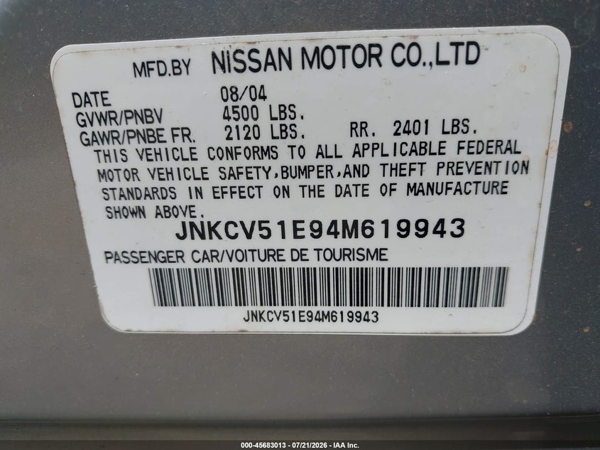 2004 Infiniti G35 VIN: JNKCV51E94M619943 Lot: 45683013