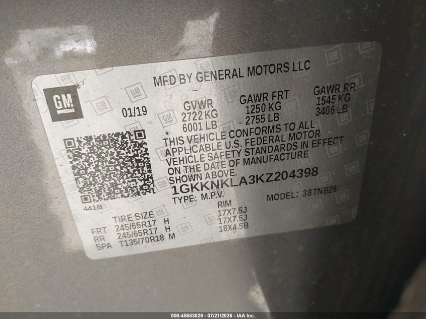 2019 GMC Acadia Sle-1 VIN: 1GKKNKLA3KZ204398 Lot: 45683029