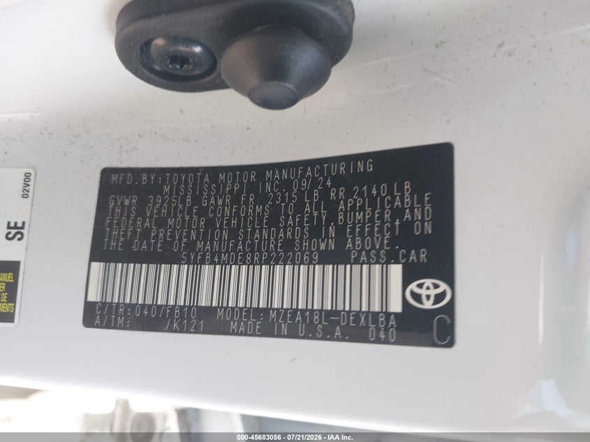 2024 Toyota Corolla Le VIN: 5YFB4MDE8RP222069 Lot: 45683056