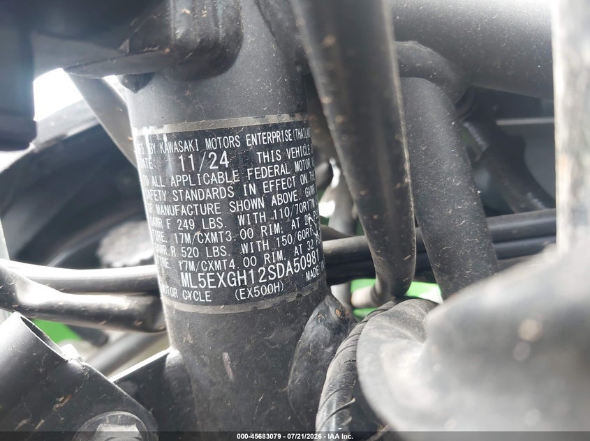 2025 Kawasaki Ex500 H VIN: ML5EXGH12SDA50981 Lot: 45683079