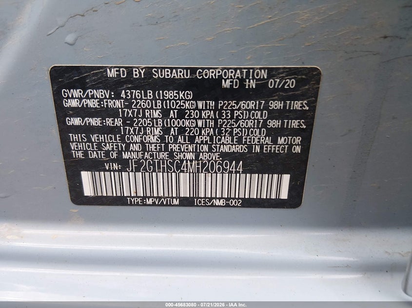 2021 Subaru Crosstrek Sport VIN: JF2GTHSC4MH206944 Lot: 45683080