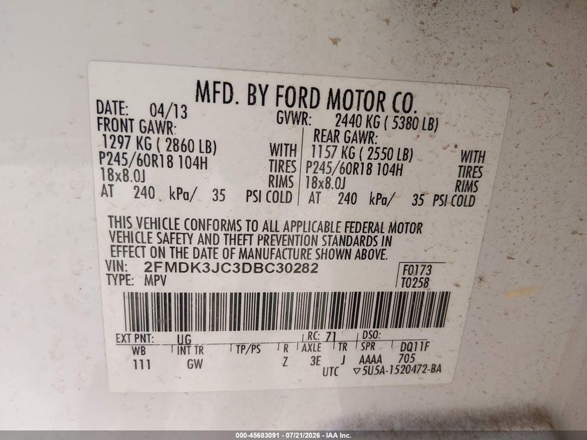 2013 Ford Edge Sel VIN: 2FMDK3JC3DBC30282 Lot: 45683091