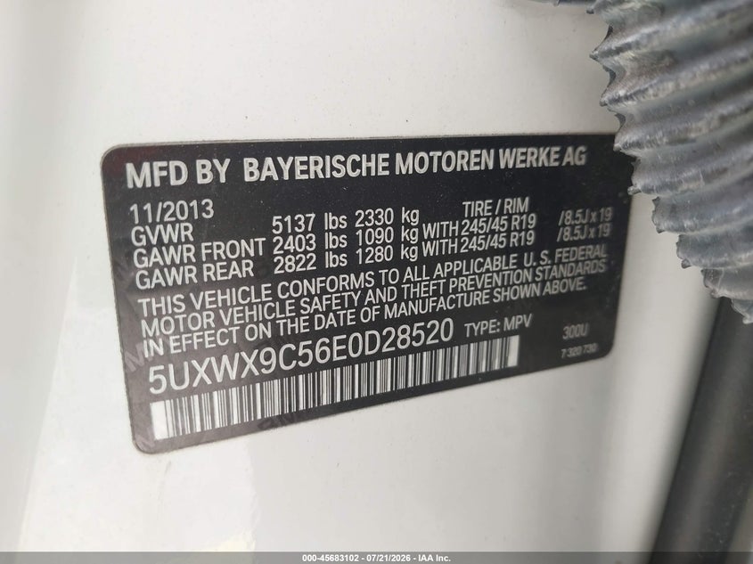 2014 BMW X3 xDrive28I VIN: 5UXWX9C56E0D28520 Lot: 45683102