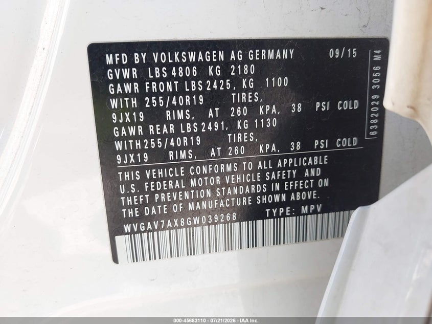 2016 Volkswagen Tiguan R-Line VIN: WVGAV7AX8GW039268 Lot: 45683110