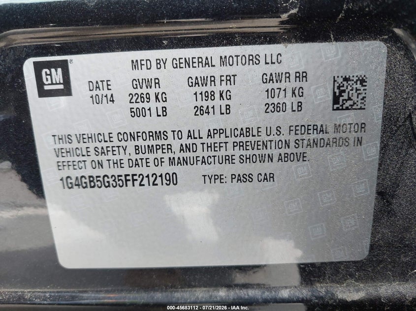 2015 Buick Lacrosse Leather VIN: 1G4GB5G35FF212190 Lot: 45683112