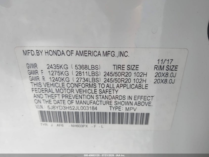 2018 Acura Mdx Technology Package Acurawatch Plus Pkg VIN: 5J8YD3H52JL003184 Lot: 45683120
