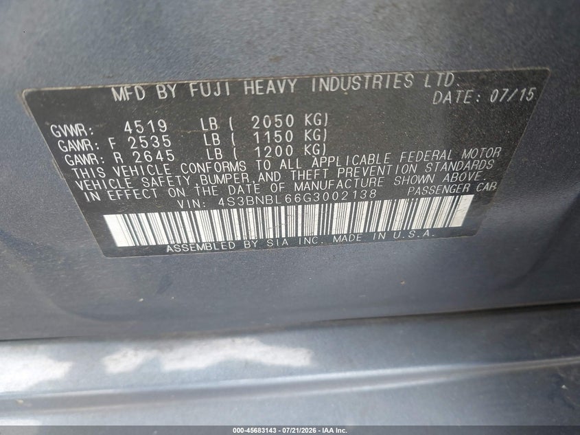 2016 Subaru Legacy 2.5I Limited VIN: 4S3BNBL66G3002138 Lot: 45683143