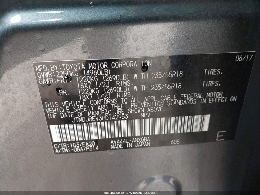 2017 Toyota Rav4 Hybrid Limited VIN: JTMDJREV3HD142953 Lot: 45683152